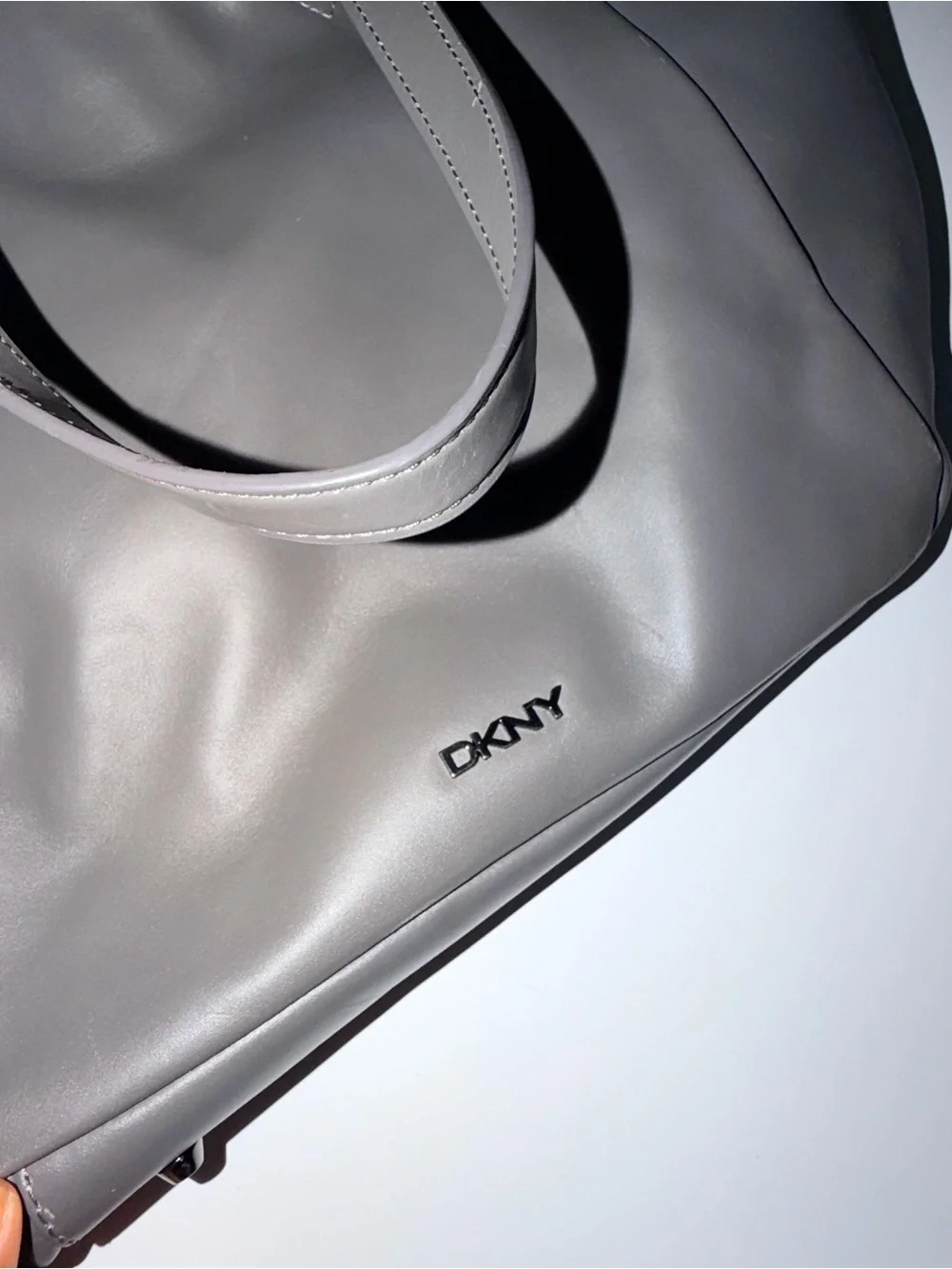 DKNY Gray Leather Tote with Studded Strap Accent